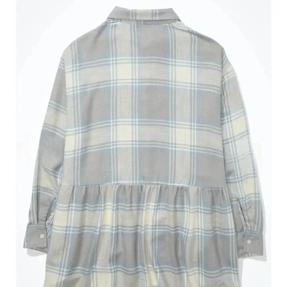 New AMERICAN EAGLE WOMEN Y2K GREYBLUEOVERSIZED FLANNEL BABYDOLL SHIRT - Picture 3 of 7